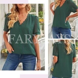 Farsays Elegant Green Crocheted Lace Trim Blouse